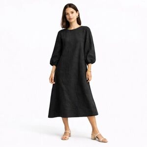 NWT Everlane Black Linen A-Line Lantern Sleeve Pockets Midi Crew Neck European